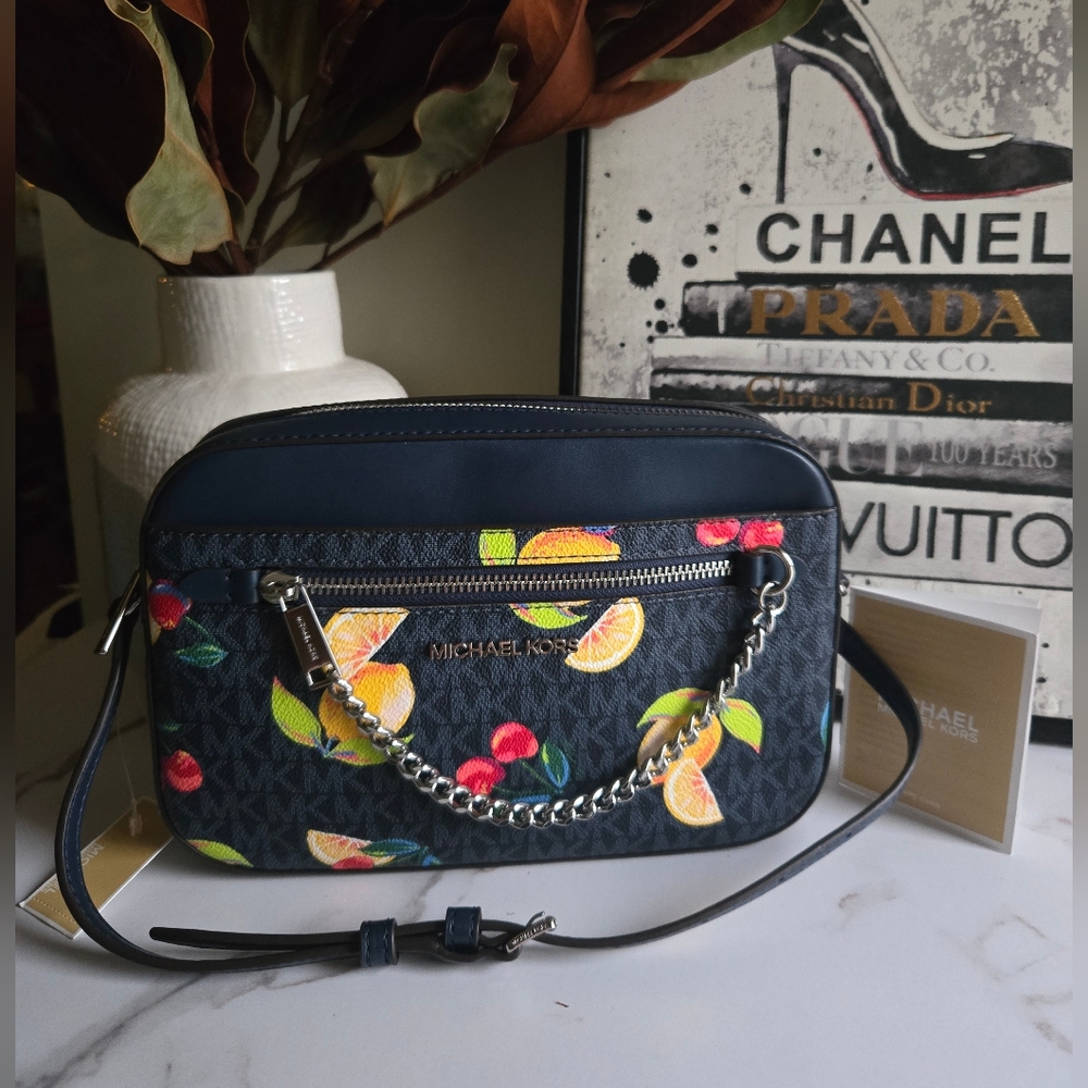 Michael Kors Navy Blue Fruit Print Crossbody Bag NWT